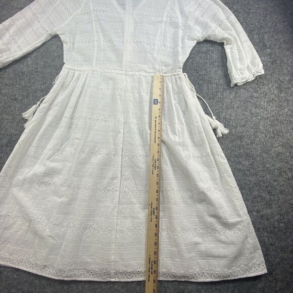 Calvin Klein Dress Women 14 White Eyelet Adjustable Waist Midi Cotton Tassels - Picture 14 of 14